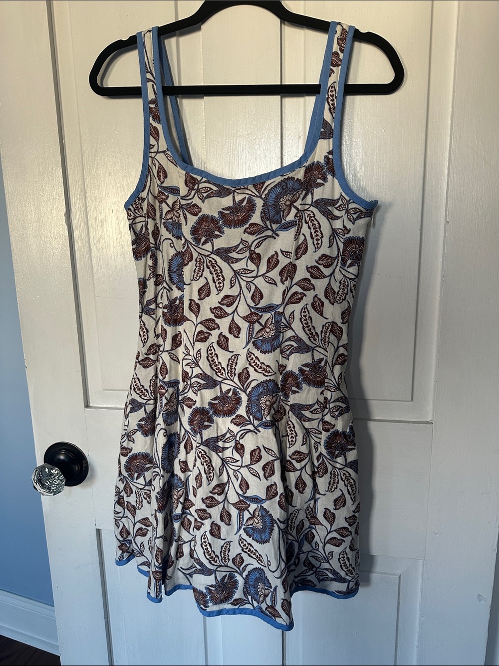 Cream Linen Mini Dress with Blue and Brown Floral Print - Rachel Zoe